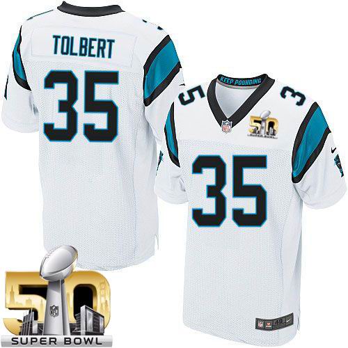 Nike Panthers #35 Mike Tolbert White Super Bowl 50 Men's Stitched NFL Elite Jersey
