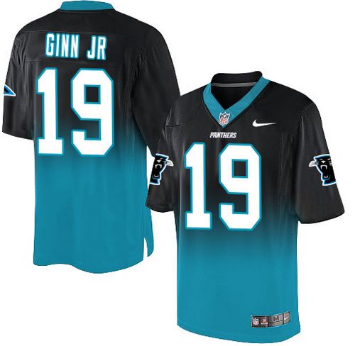 Nike Panthers #19 Ted Ginn Jr Black/Blue Men's Stitched NFL Elite Fadeaway Fashion Jersey