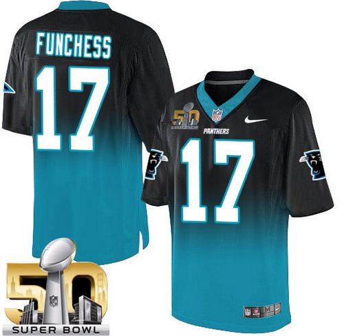 Nike Panthers #17 Devin Funchess Black/Blue Super Bowl 50 Men's Stitched NFL Elite Fadeaway Fashion Jersey