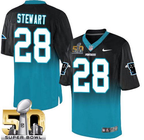 Nike Panthers #28 Jonathan Stewart Black/Blue Super Bowl 50 Men's Stitched NFL Elite Fadeaway Fashion Jersey
