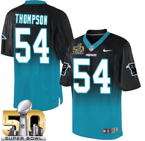 Nike Panthers #54 Shaq Thompson Black/Blue Super Bowl 50 Men's Stitched NFL Elite Fadeaway Fashion Jersey