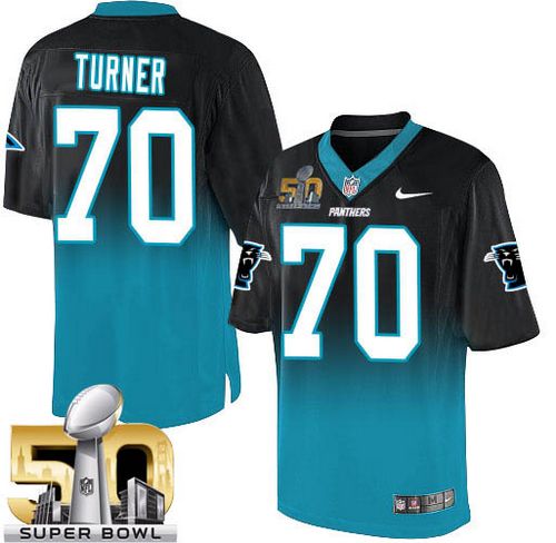 Nike Panthers #70 Trai Turner Black/Blue Super Bowl 50 Men's Stitched NFL Elite Fadeaway Fashion Jersey