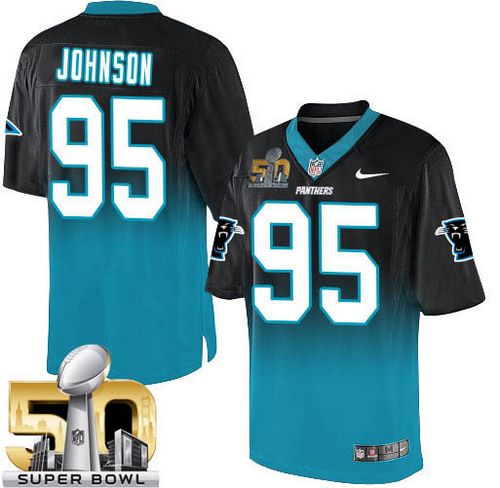 Nike Panthers #95 Charles Johnson Black/Blue Super Bowl 50 Men's Stitched NFL Elite Fadeaway Fashion Jersey