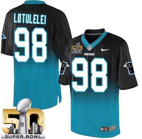 Nike Panthers #98 Star Lotulelei Black/Blue Super Bowl 50 Men's Stitched NFL Elite Fadeaway Fashion Jersey