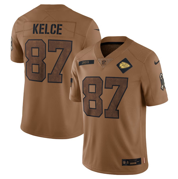Men’s Kansas City Chiefs #87 Travis Kelce 2023 Brown Salute To Service Limited Football Stitched Jersey