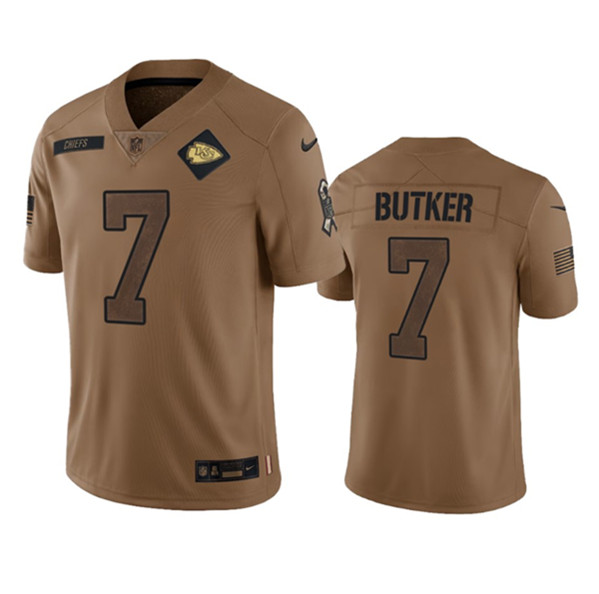 Men’s Kansas City Chiefs #7 Harrison Butker 2023 Brown Salute To Service Limited Football Stitched Jersey