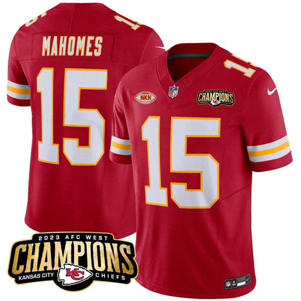 Men’s Kansas City Chiefs #15 Patrick Mahomes Red 2023 F.U.S.E. AFC West Champions With "NKH" Patch Vapor Untouchable Limited Football Stitched Jersey