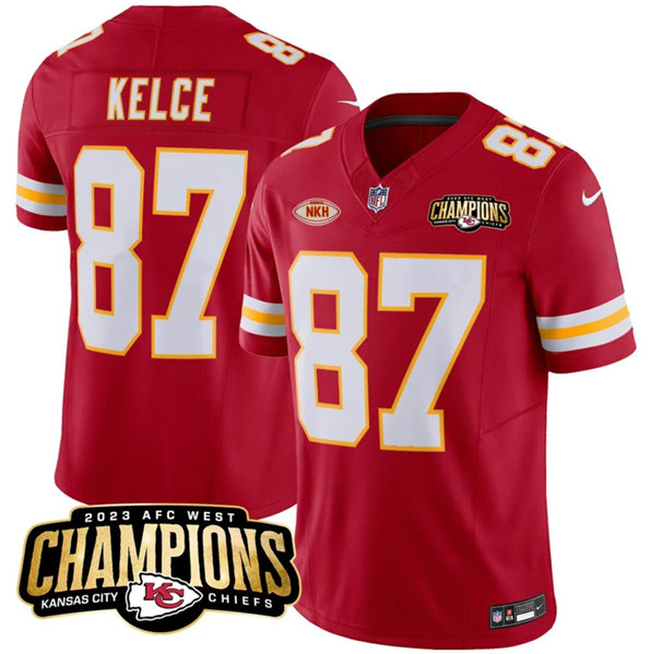 Men’s Kansas City Chiefs #87 Travis Kelce Red 2023 F.U.S.E. AFC West Champions With "NKH" Patch Vapor Untouchable Limited Football Stitched Jersey
