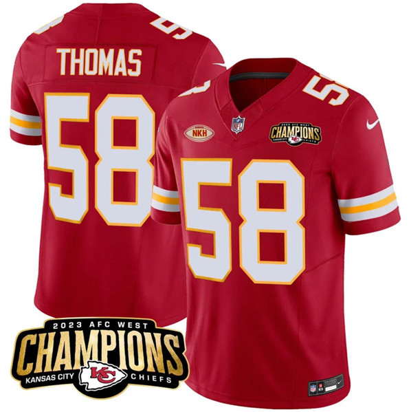 Men’s Kansas City Chiefs #58 Derrick Thomas Red 2023 F.U.S.E. AFC West Champions With "NKH" Patch Vapor Untouchable Limited Football Stitched Jersey