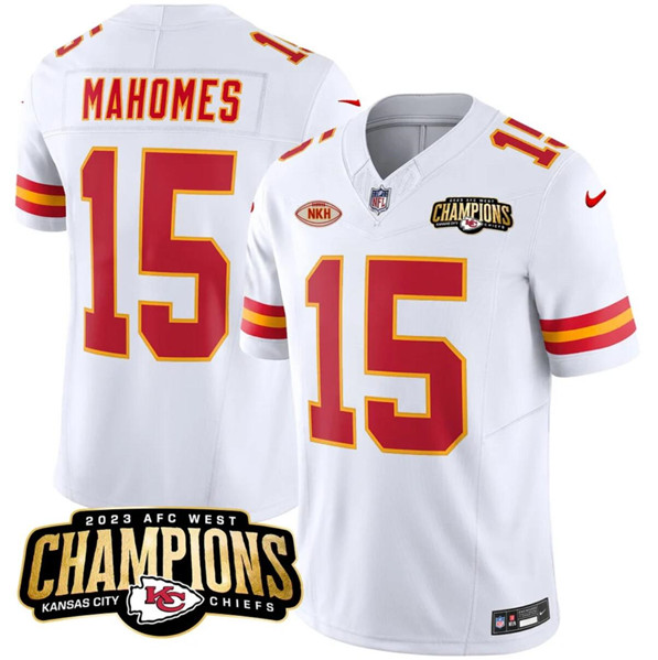 Men’s Kansas City Chiefs #15 Patrick Mahomes White 2023 F.U.S.E. AFC West Champions With "NKH" Patch Vapor Untouchable Limited Football Stitched Jersey