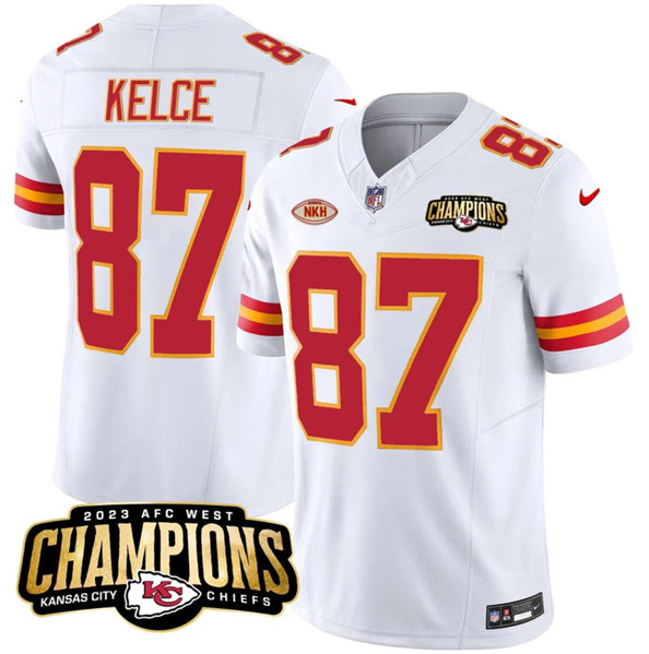 Men’s Kansas City Chiefs #87 Travis Kelce White 2023 F.U.S.E. AFC West Champions With "NKH" Patch Vapor Untouchable Limited Football Stitched Jersey