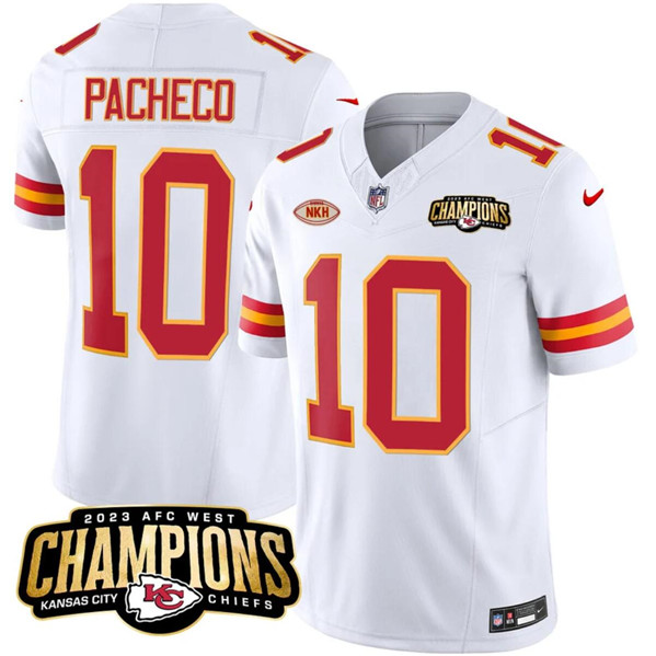 Men’s Kansas City Chiefs #10 Isiah Pacheco White 2023 F.U.S.E. AFC West Champions With "NKH" Patch Vapor Untouchable Limited Football Stitched Jersey