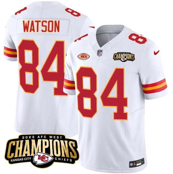 Men’s Kansas City Chiefs #84 Justin Watson White 2023 F.U.S.E. AFC West Champions With "NKH" Patch Vapor Untouchable Limited Football Stitched Jersey