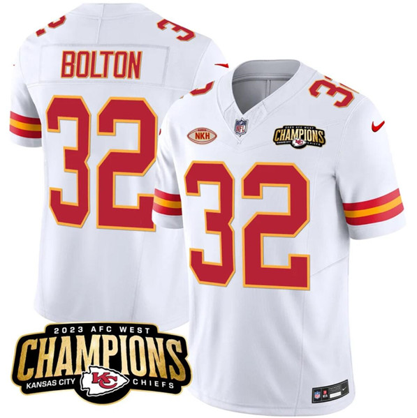 Men’s Kansas City Chiefs #32 Nick Bolton White 2023 F.U.S.E. AFC West Champions With "NKH" Patch Vapor Untouchable Limited Football Stitched Jersey