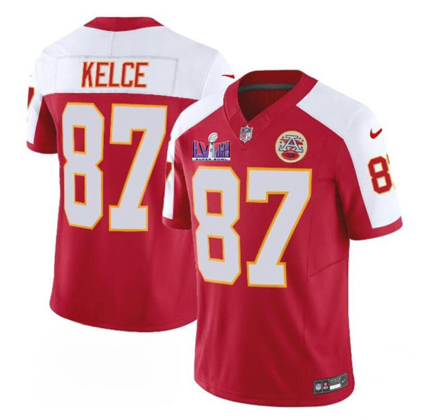 Men’s Kansas City Chiefs #87 Travis Kelce Red/White 2024 F.U.S.E. Super Bowl LVIII Patch Vapor Untouchable Limited Football Stitched Jersey