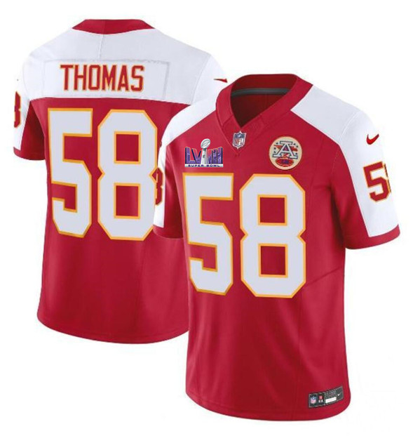 Men’s Kansas City Chiefs #58 Derrick Thomas Red/White 2024 F.U.S.E. Super Bowl LVIII Patch Vapor Untouchable Limited Football Stitched Jersey