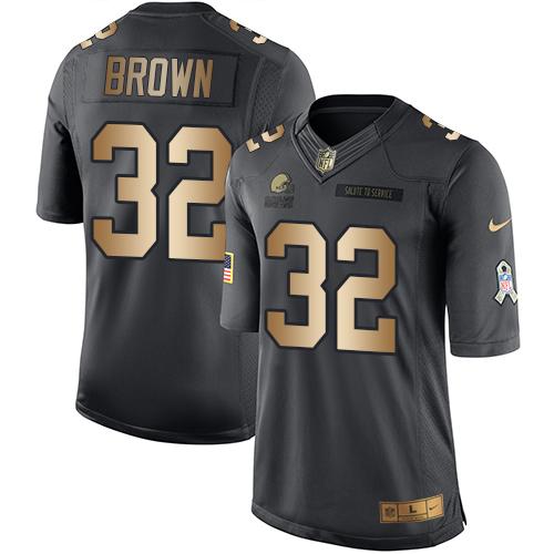 Nike Browns #32 Jim Brown Black Men's Stitched NFL Limited Gold Salute To Service Jersey