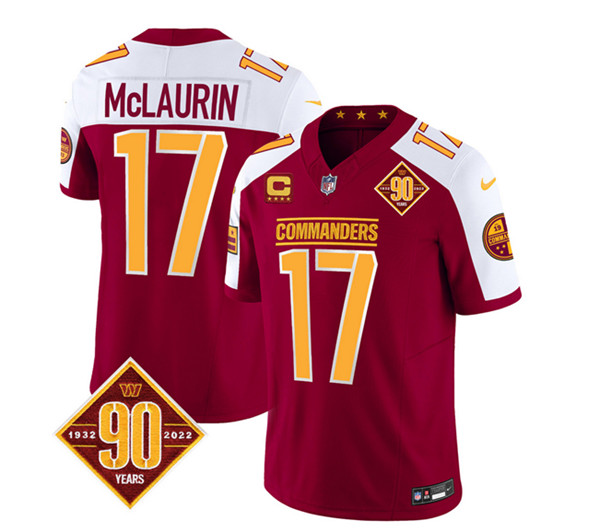 Men's Washington Commanders #17 Terry McLaurin Burgundy/White 2023 F.U.S.E. With 4-Star C Patch 90th Anniversary Vapor Limited Football Stitched Jersey