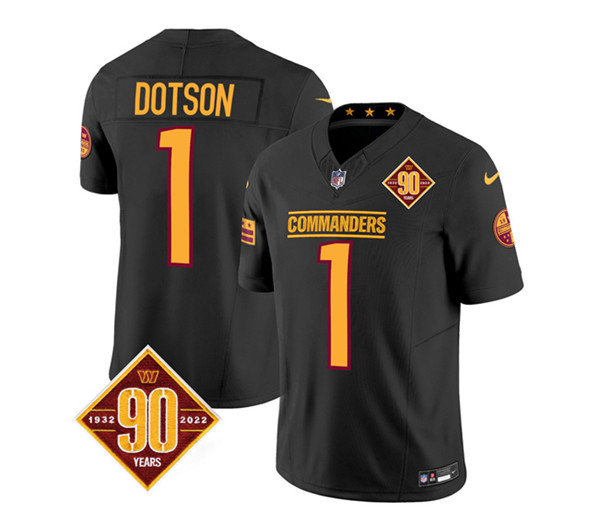 Men's Washington Commanders #1 Jahan Dotson Black 2023 F.U.S.E. 90th Anniversary Vapor Limited Football Stitched Jersey