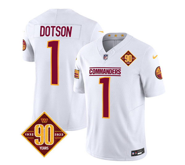 Men's Washington Commanders #1 Jahan Dotson White 2023 F.U.S.E. 90th Anniversary Vapor Limited Football Stitched Jersey