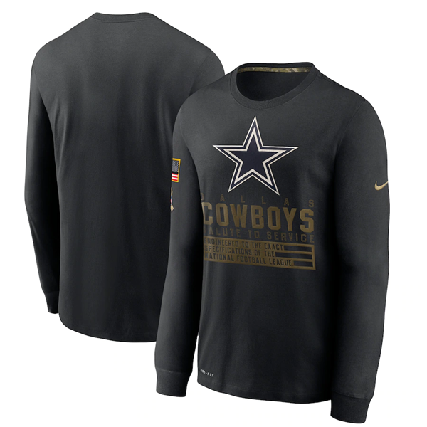 Men's Dallas Cowboys 2020 Black Salute To Service Sideline Performance Long Sleeve NFL T-Shirt