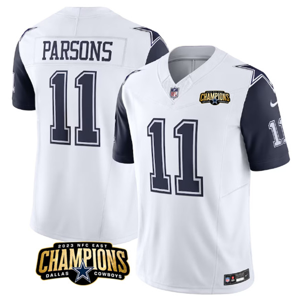 Men's Dallas Cowboys #11 Micah Parsons White/Navy 2023 F.U.S.E. NFC East Champions Patch Football Stitched Jersey