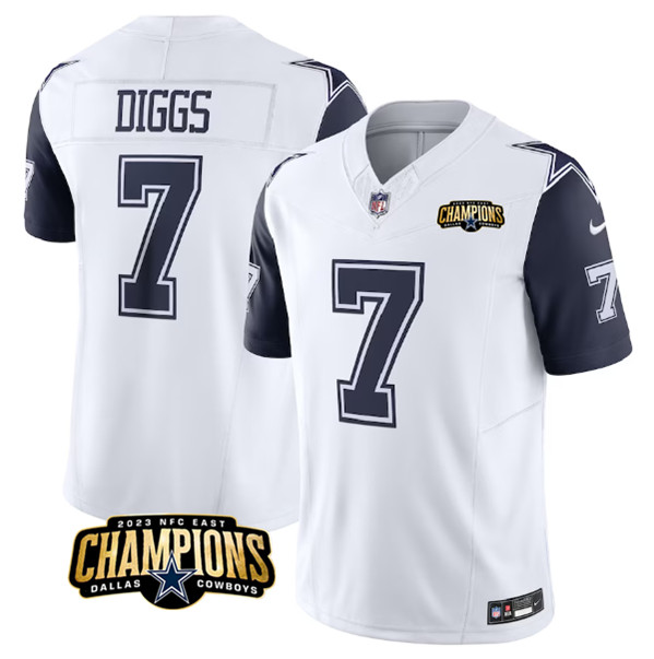 Men's Dallas Cowboys #7 Trevon Diggs White/Navy 2023 F.U.S.E. NFC East Champions Patch Football Stitched Jersey