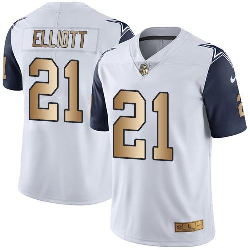 Men's Nike Cowboys #21 Ezekiel Elliott White With Gold Number Stitched NFL Limited Jersey