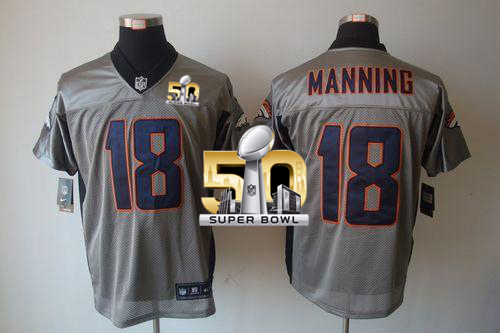 Nike Broncos #18 Peyton Manning Grey Shadow Super Bowl 50 Men's Stitched NFL Elite Jersey