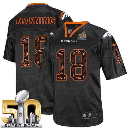 Nike Broncos #18 Peyton Manning New Lights Out Black Super Bowl 50 Men's Stitched NFL Elite Jersey