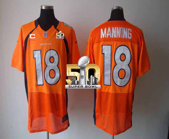 Nike Broncos #18 Peyton Manning Orange Team Color With C Patch Super Bowl 50 Men's Stitched NFL Elite Jersey