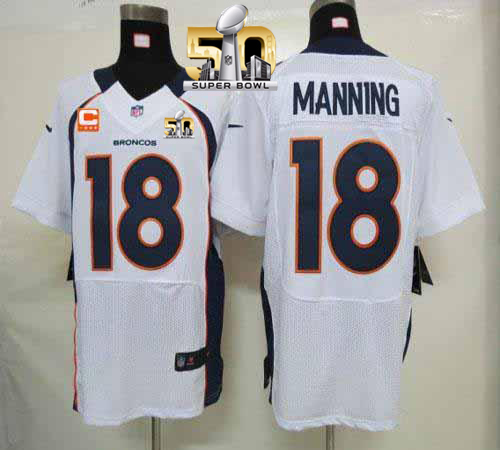 Nike Broncos #18 Peyton Manning White With C Patch Super Bowl 50 Men's Stitched NFL Elite Jersey