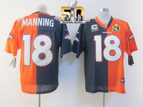 Nike Broncos #18 Peyton Manning Orange/Navy Blue Super Bowl 50 Men's Stitched NFL Elite Split Jersey