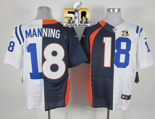 Nike Broncos #18 Peyton Manning Navy Blue/White Super Bowl 50 Men's Stitched NFL Elite Split Colts Jersey