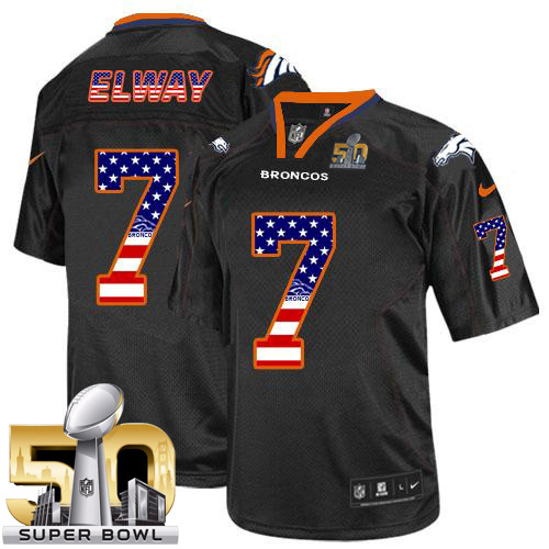 Nike Broncos #7 John Elway Black Super Bowl 50 Men's Stitched NFL Elite USA Flag Fashion Jersey