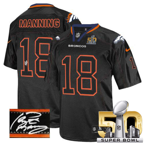Nike Broncos #18 Peyton Manning Lights Out Black Super Bowl 50 Men's Stitched NFL Elite Autographed Jersey