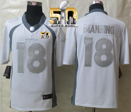 Nike Broncos #18 Peyton Manning White Super Bowl 50 Men's Stitched NFL Limited Platinum Jersey