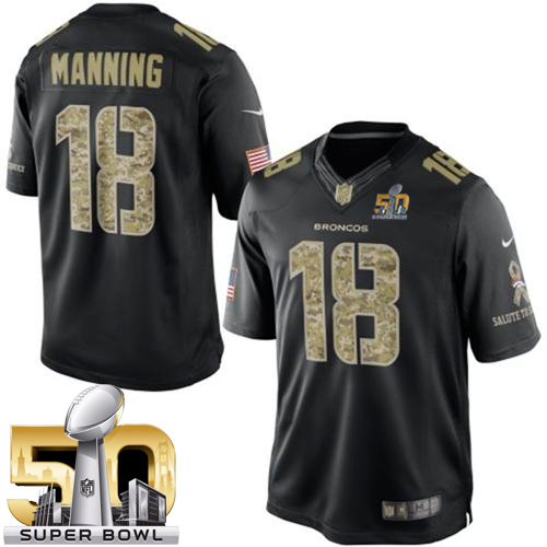 Nike Broncos #18 Peyton Manning Black Super Bowl 50 Men's Stitched NFL Limited Salute to Service Jersey