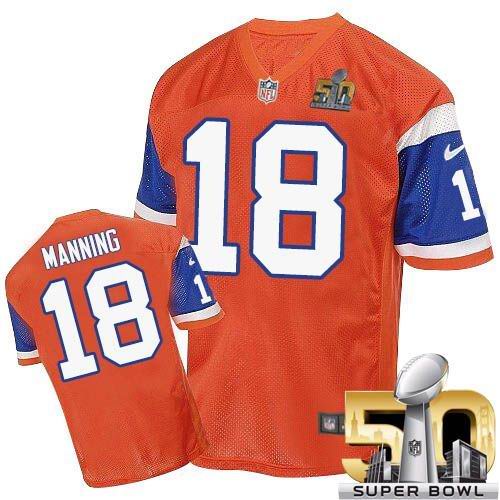 Nike Broncos #18 Peyton Manning Orange Throwback Super Bowl 50 Men's Stitched NFL Elite Jersey