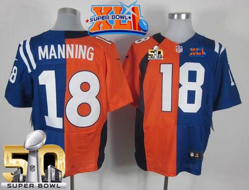 Nike Broncos #18 Peyton Manning Orange/Royal Blue Super Bowl XLI & Super Bowl 50 Men's Stitched NFL Elite Split Colts Jersey