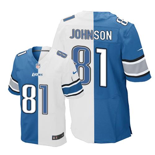 Nike Lions #81 Calvin Johnson Blue/White Men's Stitched NFL Elite Split Jersey