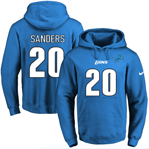 Nike Lions #20 Barry Sanders Blue Name & Number Pullover NFL Hoodie