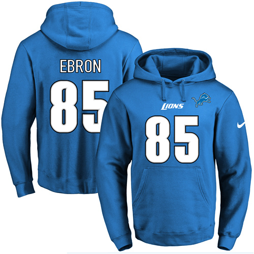 Nike Lions #85 Eric Ebron Blue Name & Number Pullover NFL Hoodie