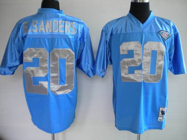 Mitchell & Ness Lions #20 Barry Sanders Blue With 75 Anniversary Patch Stitched Throwback NFL Jersey