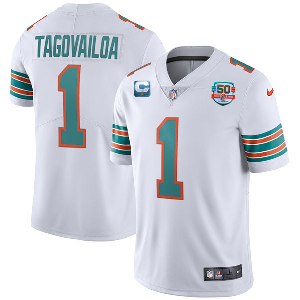 Men's Miami Dolphins #1 Tua Tagovailoa 2022 White With 50th Perfect Season Patch Limited Stitched Jersey