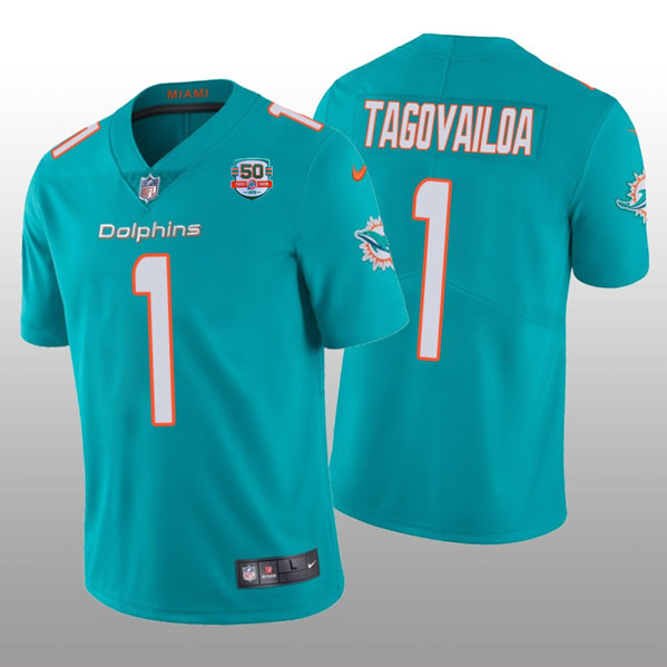Men's Miami Dolphins #1 Tua Tagovailoa 2022 Aqua With With 50th Perfect Season Patch Limited Stitched Jersey