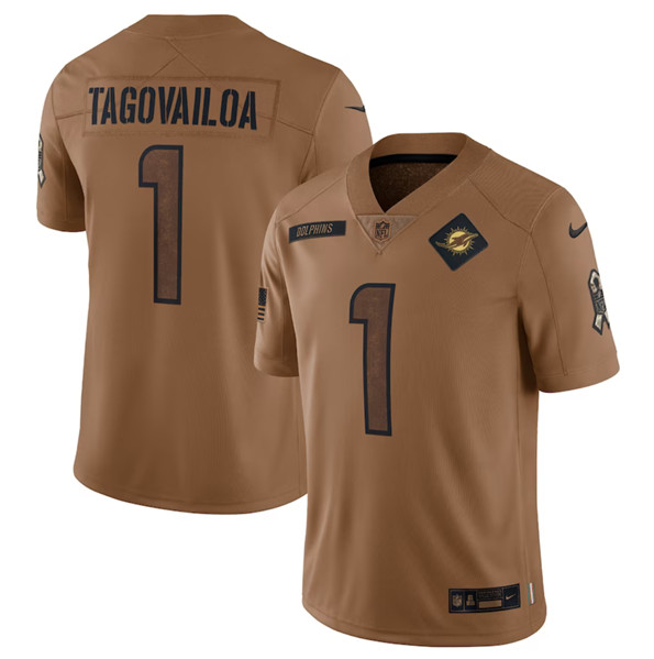 Men's Miami Dolphins #1 Tua Tagovailoa 2023 Brown Salute To Service Limited Football Stitched Jersey
