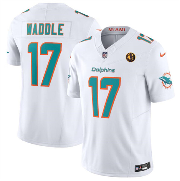 Men's Miami Dolphins #17 Jaylen Waddle White 2023 F.U.S.E. With John Madden Patch Vapor Limited Football Stitched Jersey