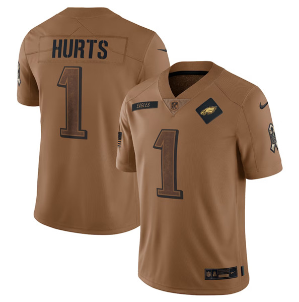 Men's Philadelphia Eagles #1 Jalen Hurts 2023 Brown Salute To Service Limited Football Stitched Jersey