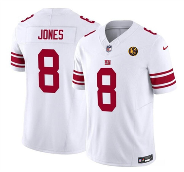 Men's New York Giants #8 Daniel Jones White 2023 F.U.S.E. With John Madden Patch Vapor Limited Football Stitched Jersey